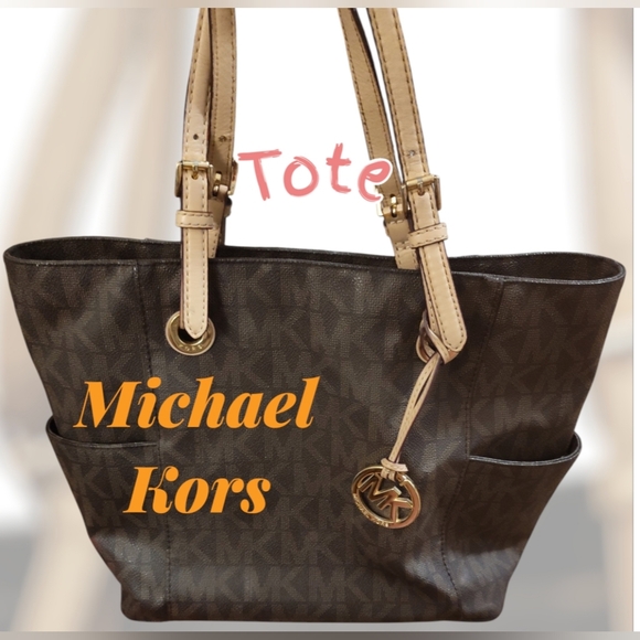 Michael Kors Handbags - MICHAEL KORS MK Logo East West Signature Large Tote Brown Logo Charm